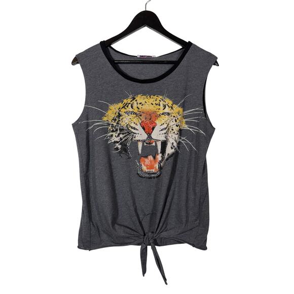 Tiger Tie-Front Tank Top Gray Bejeweled Rhinestones Gems Body Central - Picture 1 of 9